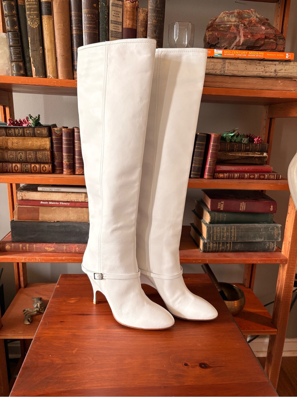 White Over-the-Knee Leather Boots with Low Heel